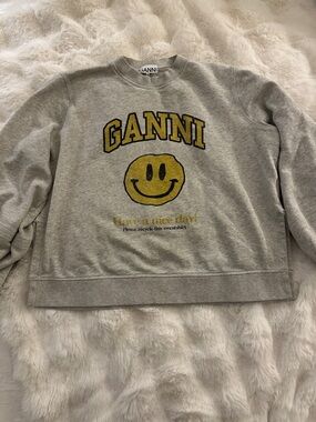 Rare Ganni Grey Crewneck Sweatshirt smiling face edition Large